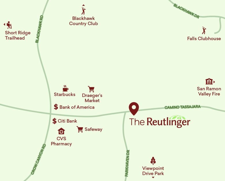 Homepage map highlighting The Reutlinger’s location near Camino Tassajara, with icons for Starbucks, Draeger’s Market, Safeway, Blackhawk Country Club, parks, pharmacies, and banks along marked roads.