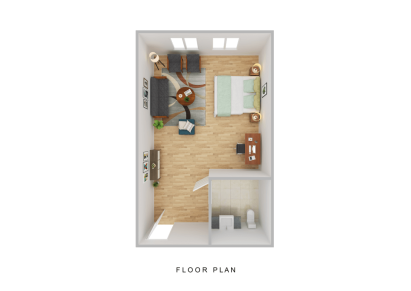 3D floor plan of a rectangular room, ideal for Independent Living, featuring a bed, desk, chair, sofa, coffee table, armchair, two windows, and an attached bathroom with toilet and sink. The floor is light wood; the bathroom has tile.
